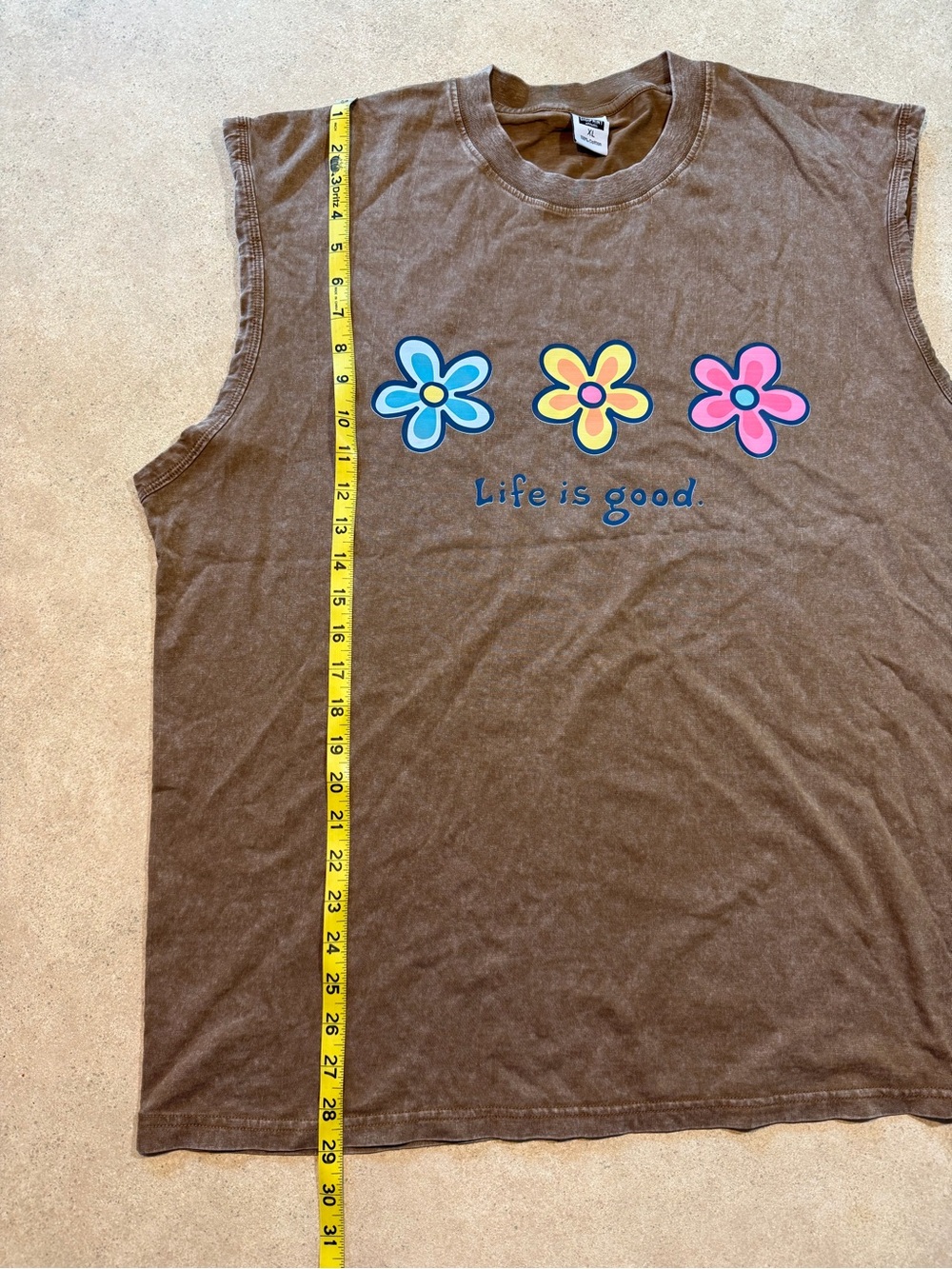 Life Is Good Brown Tank Top with Blue Yellow Pink Floral Graphic